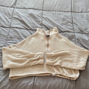 Women's Cream Half-Zip Cropped Waffleknit Sweater (XS)